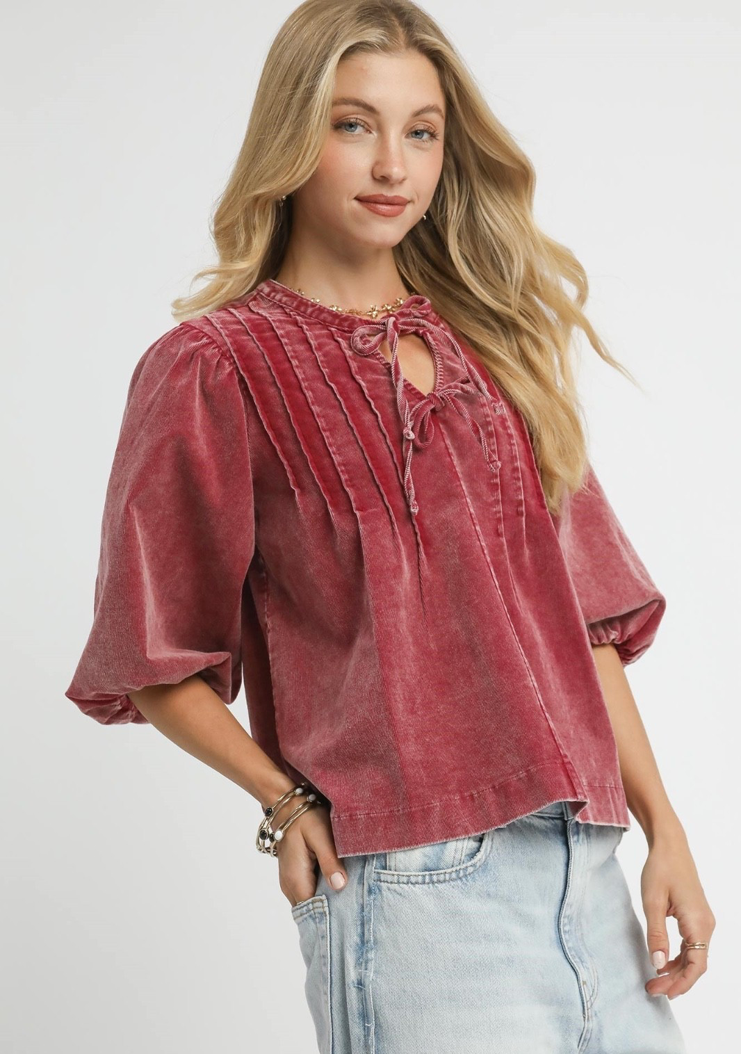 Umgee Tie-Neck 3/4 Sleeve Corduroy Top in Rosewood