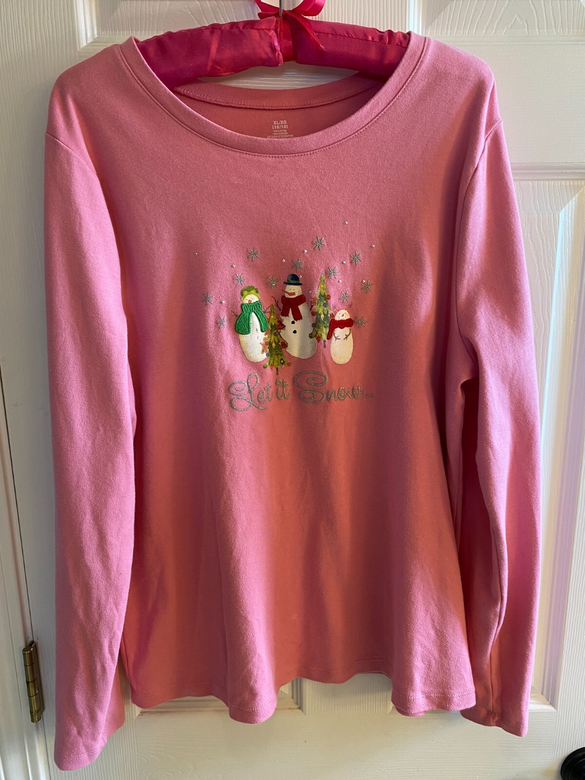 Christmas Yule Blouse Top Cotton Jersey Snowmen “Let It Snow” Pink XL EUC R393