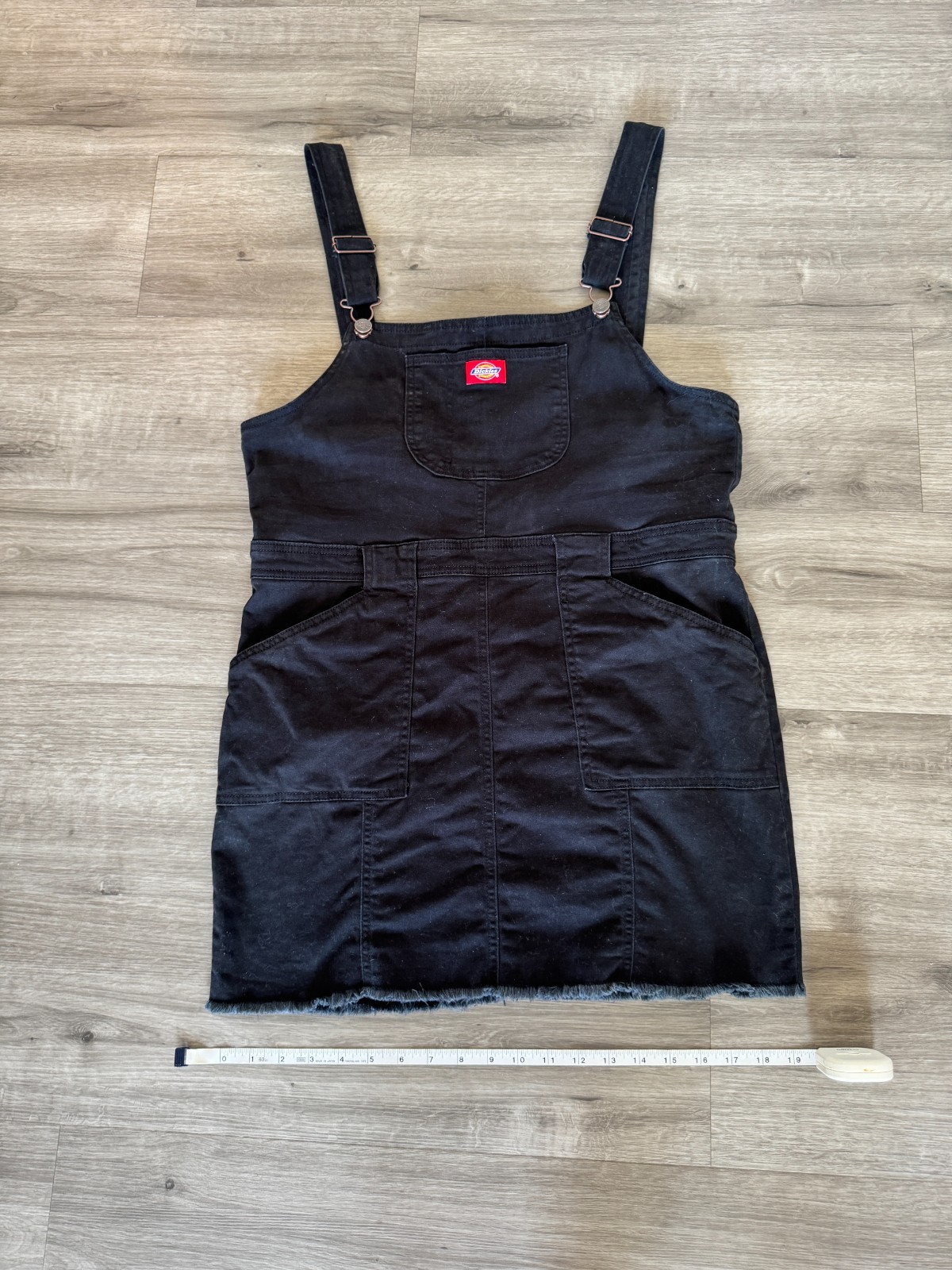 Dickies Black Denim Overall Dress Raw Hem Pinafore Jumper Size Large