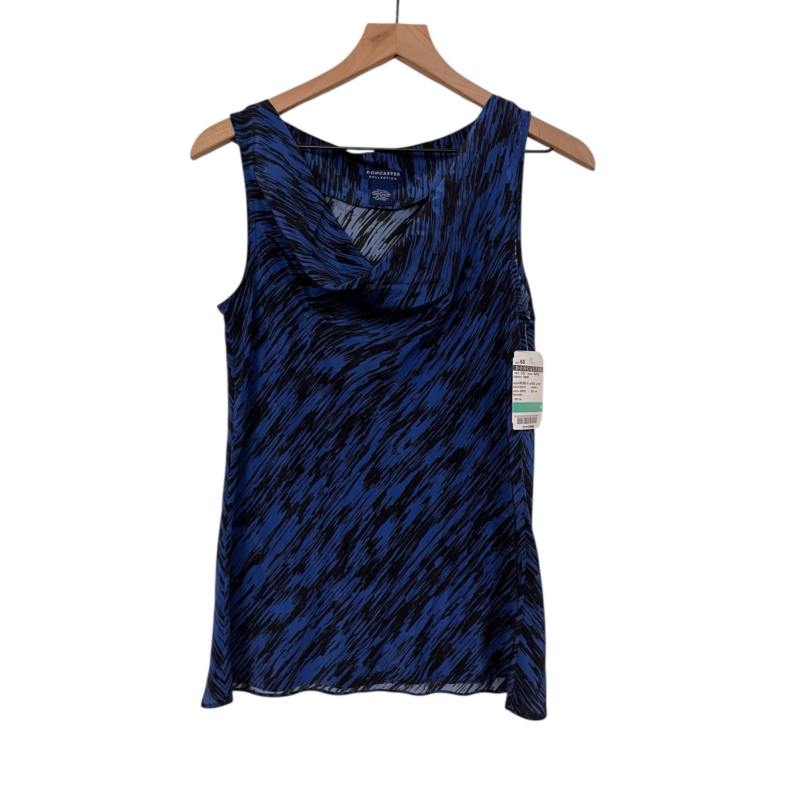 Doncaster Collection Blue and Black Sleeveless 100% Silk Cowl Neck Blouse Size 6