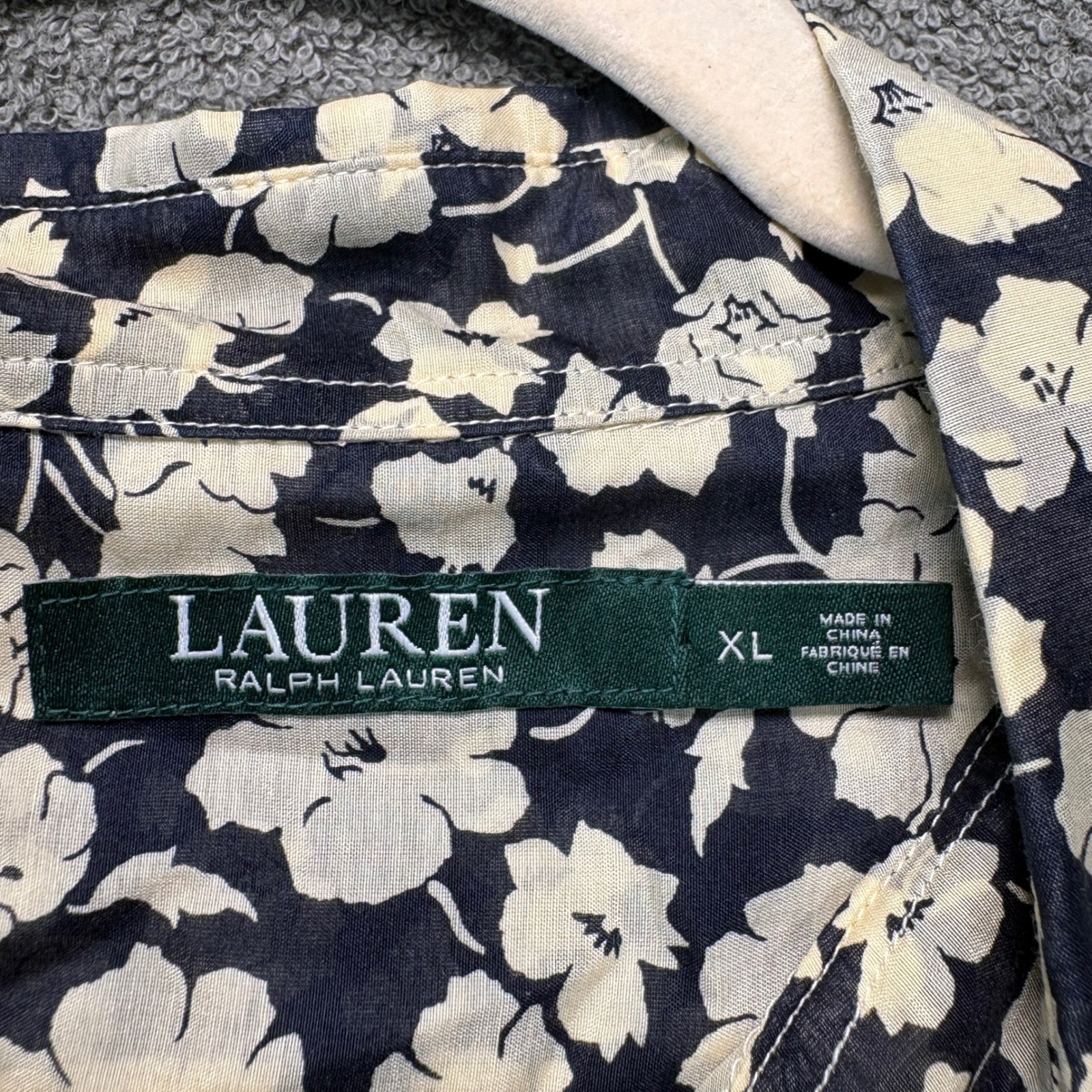 Lauren Ralph Lauren Blouse Womens XL Navy Floral Button Up Cotton Silk Blend