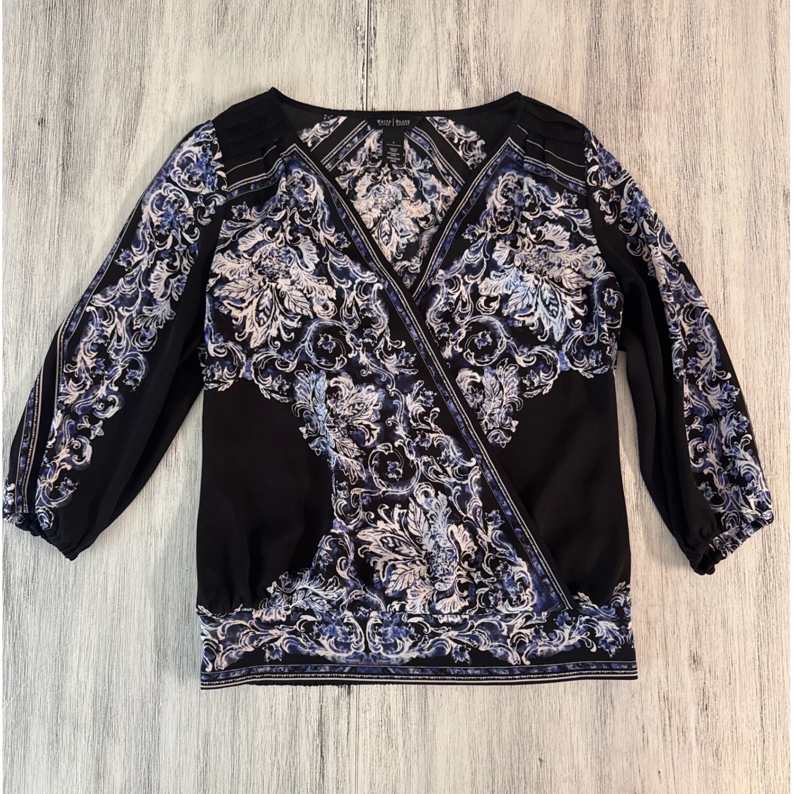 White House Black Market Blue Black Baroque Print Surplice Blouse Top Size 6