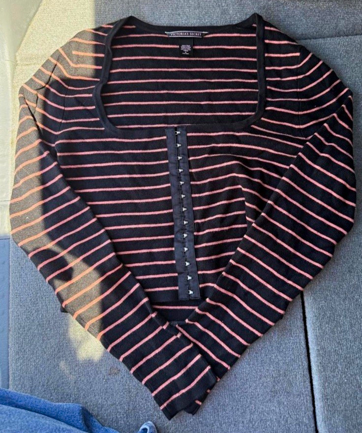 Victoria’s Secret Black/Pink Striped Square Neck Button Front Knit Top M