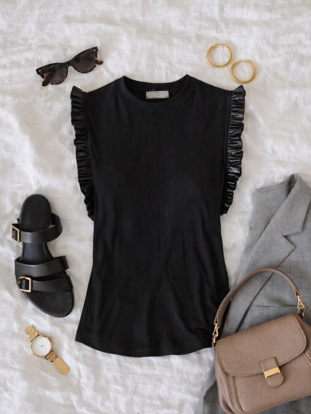 Sunday in Brooklyn Black Ribbed Sleeveless Ruffle Trim Top Anthropologie