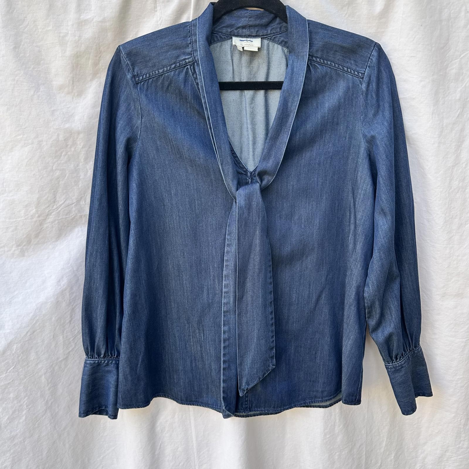 Kate Spade Denim Collared Tie Neck Blouse with Button Cuff Detail Size Small
