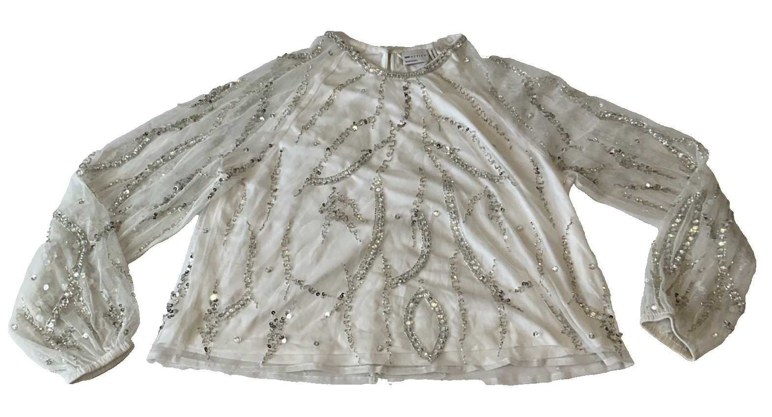 Asos Design Blouse Top Womens Size 8 White Sheer Long Sleeve Sequins And Beads