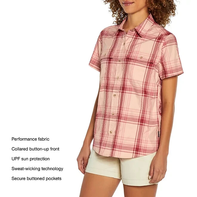 Eddie Bauer Ladies Short Sleeve Adventure Top Size M Peach Starling Plaid