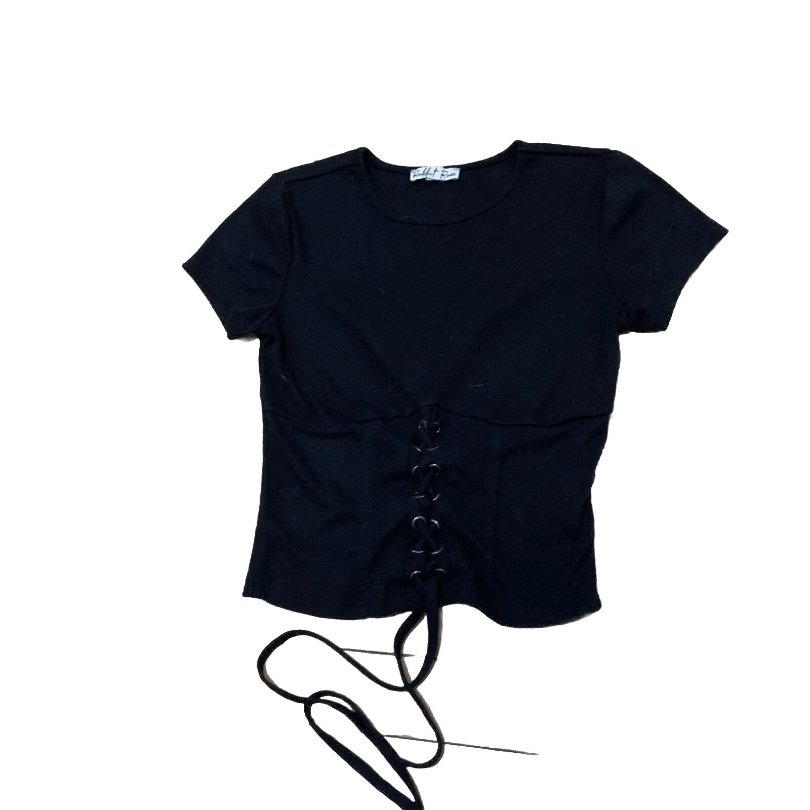 Rabbit Rose T-Shirt Tee Womens XS Crop Top Black Corseted Goth Witchy Ribbed XS