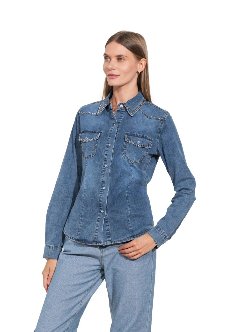 Women’s Stretchy Denim Jeans Shirt Studded Screwed Long Sleeve Buttons
