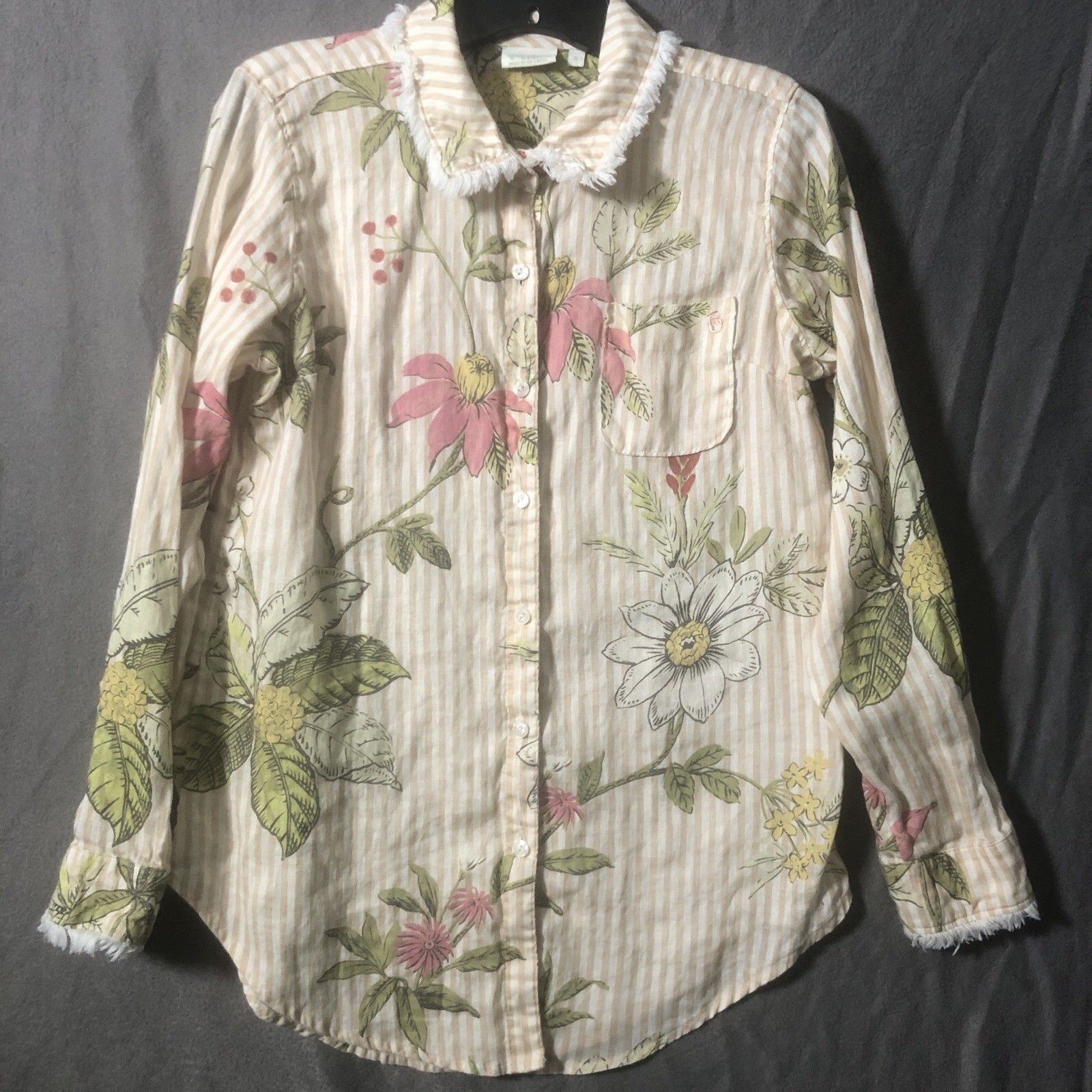 Spartina 449 Linen Blouse Women Small Beige Stripe Floral Fringed Boho Button Up