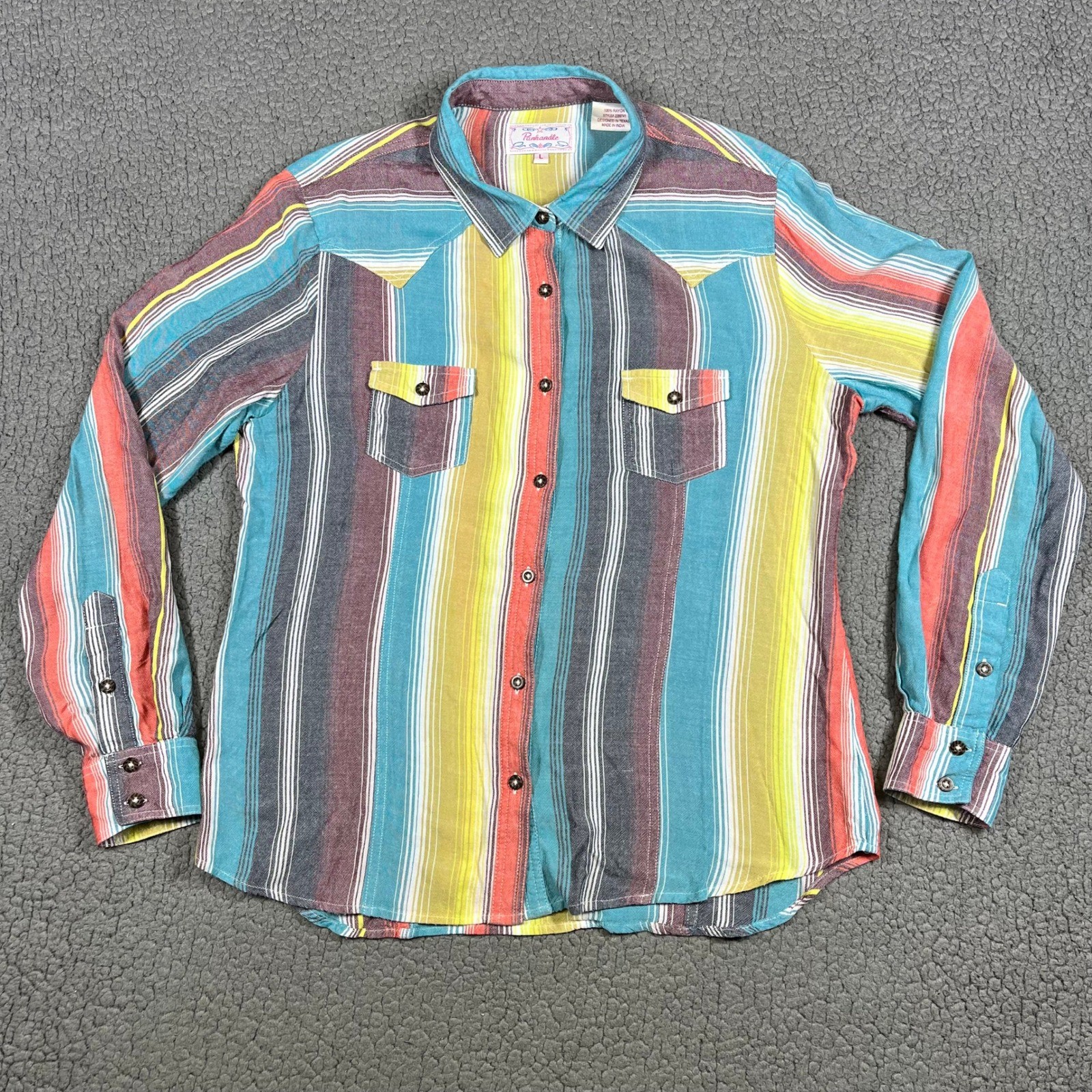 VTG Panhandle Western Shirt Slim Womens Large Multi Color Stripe Rayon Button Up
