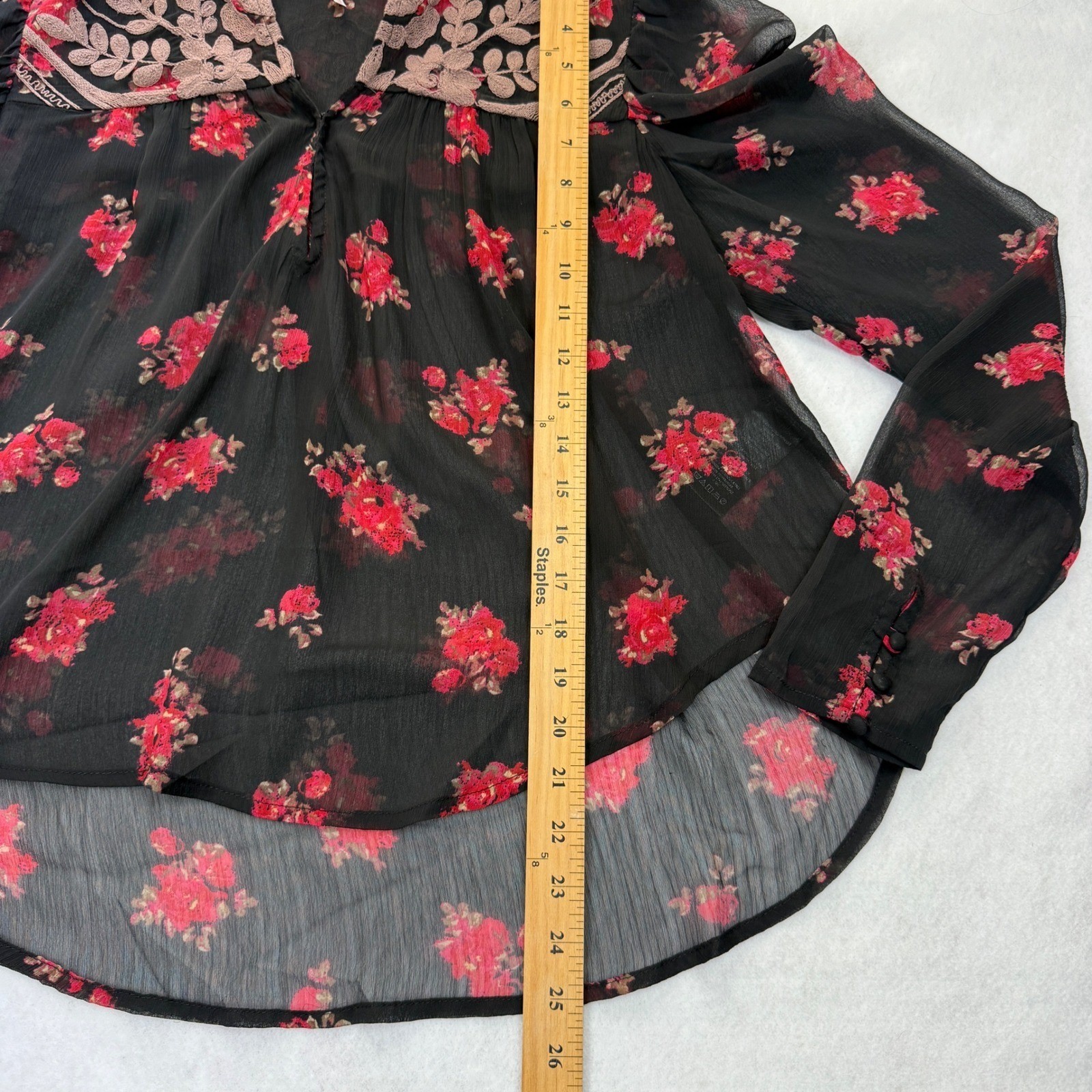 Free People Womens Dark Floral Boho Embroidered Sheer Blouse Size XS Whimsigoth