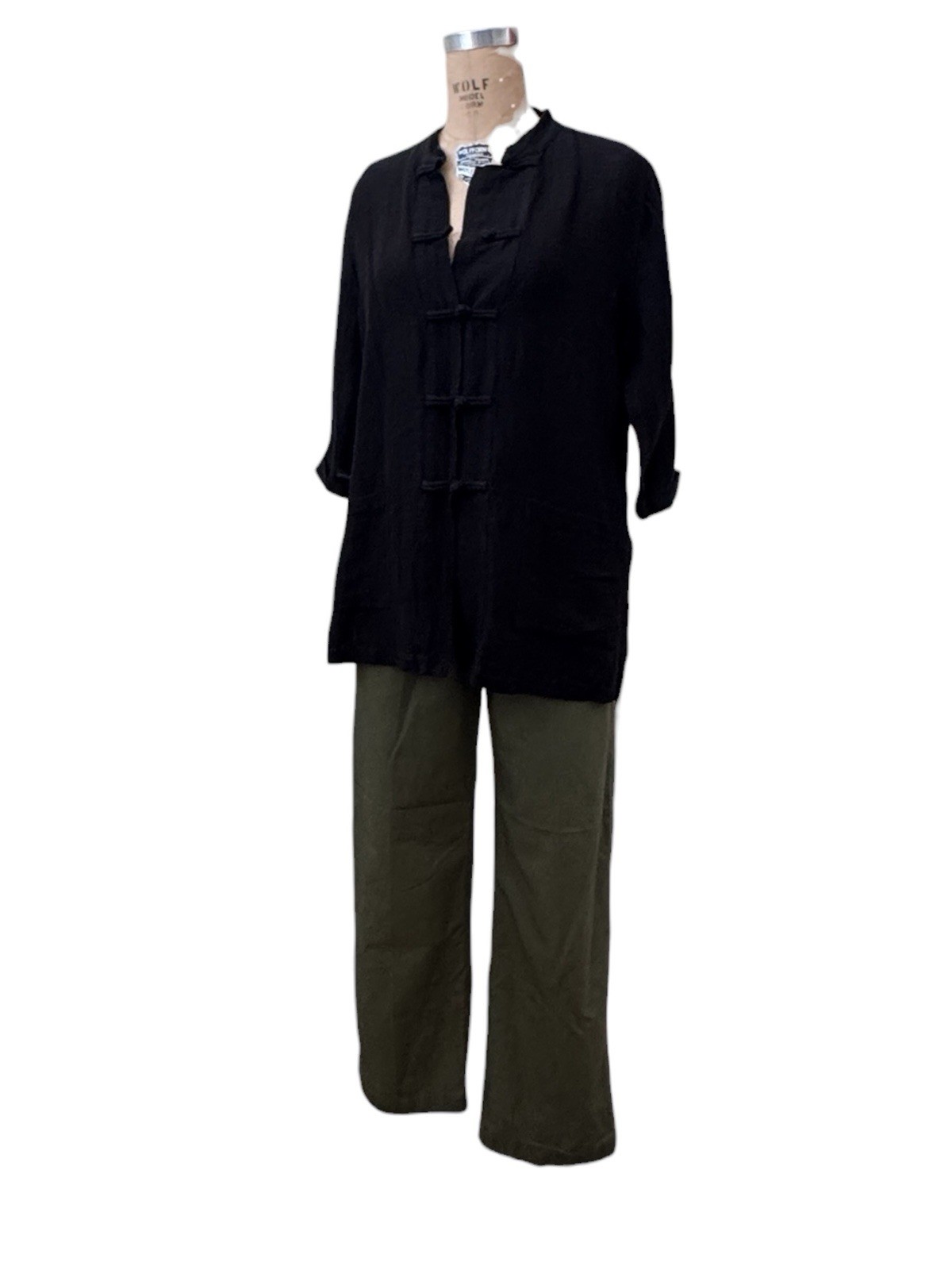 Eileen Fisher Shirt Sz L Mandarin Frog Closure Cotton Lagenlook Luxury Black