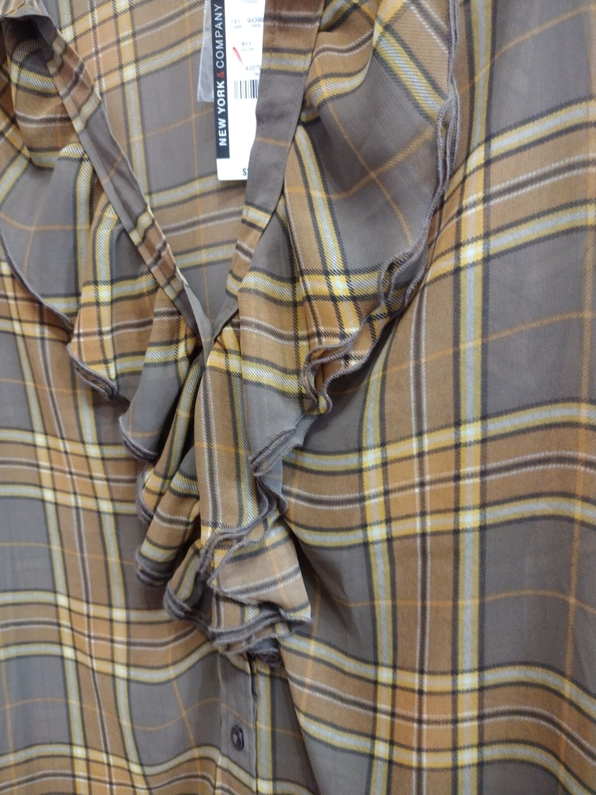 New Sheer Blouse New York & Company Shirt Top Brown And Gold Plaid Size 12 NWT