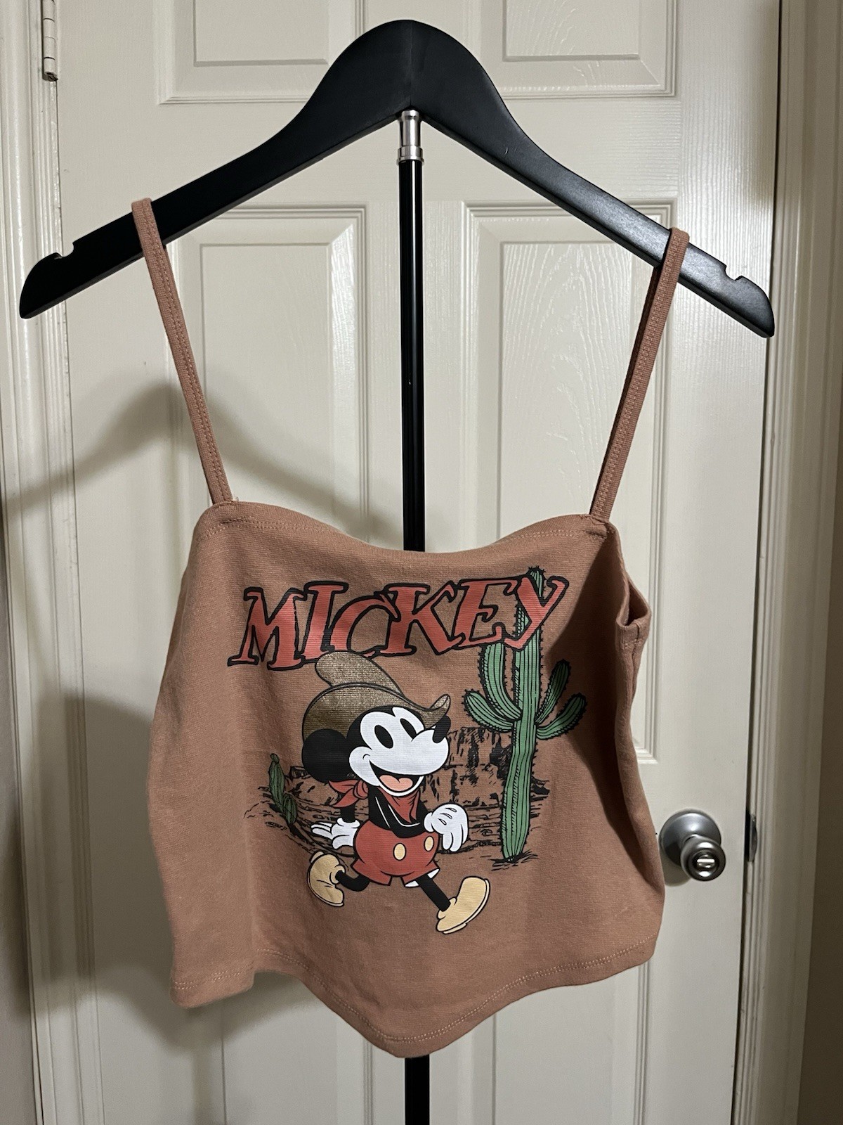 Disney Mickey Mouse Western Cowboy Cactus Tan Cami Crop Tank Top Womens Medium