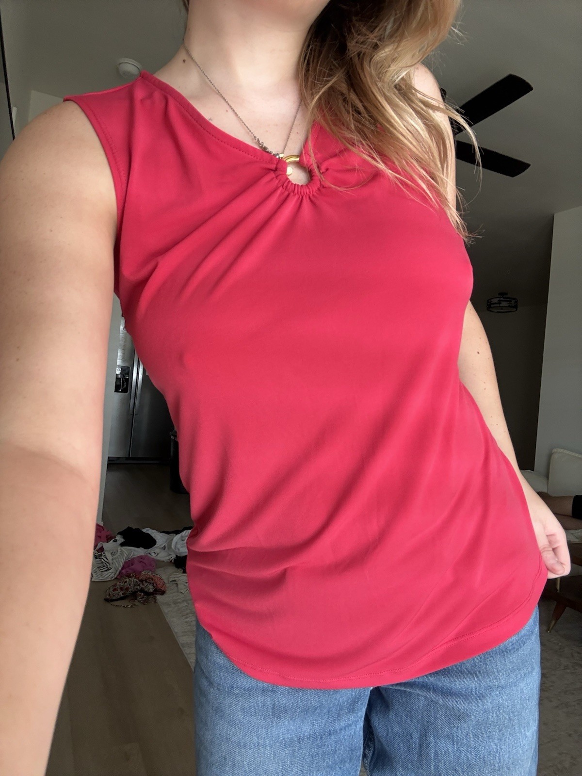 Susan Graver Women’s XXS Red Solid V-Neck Sleeveless Ring Accent Jersey Tank