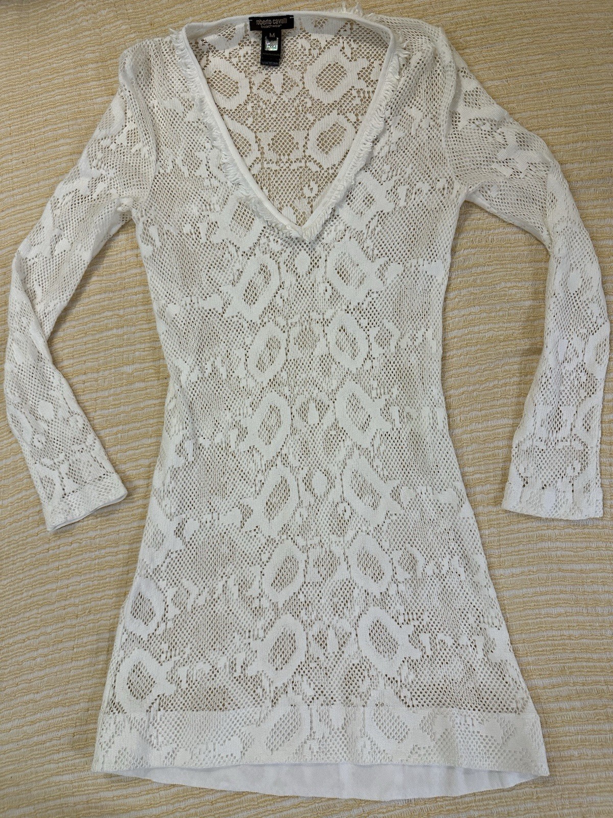 Roberto Cavalli Beachwear White Lace Crochet Mini Dress / Cover Up Size M
