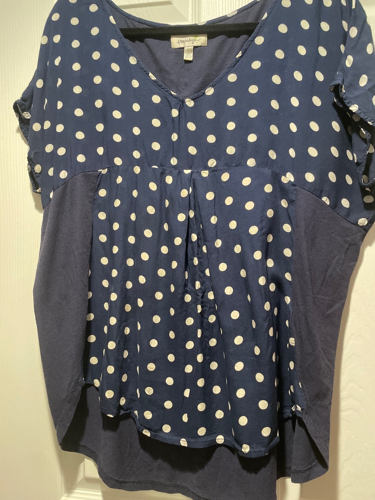 Porridge Navy Blue Polka Dot High Low Gathered Blouse Women’s Large L