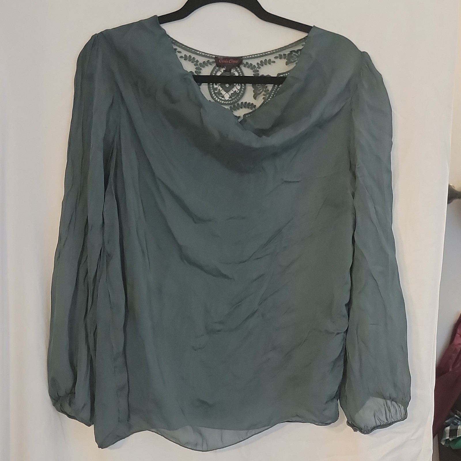 Women’s Green Solid Silk Chiffon Sheer Lace V-Neck Long Sleeve Blouse L Drape