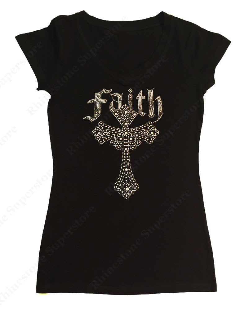 Women’s Rhinestone T-Shirt ” Faith Cross ” in AB Crystals in S, M, L, 1X, 2X, 3X