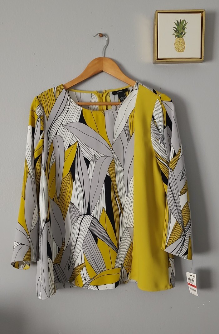 Alfani Top Blouse Long Sleeve Yellow Gray White Long Sleeves XS New