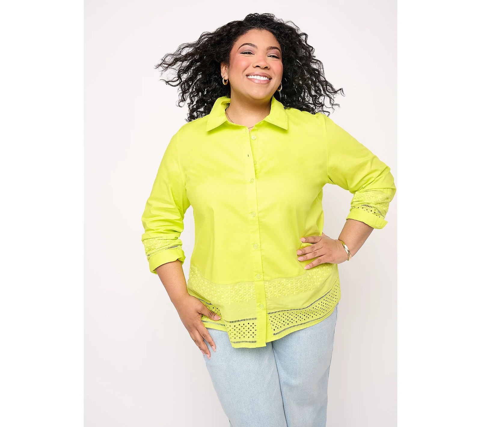 Joan Rivers Classics Collection Button Front Shirt with Eyelet Hem Chartreuse XX