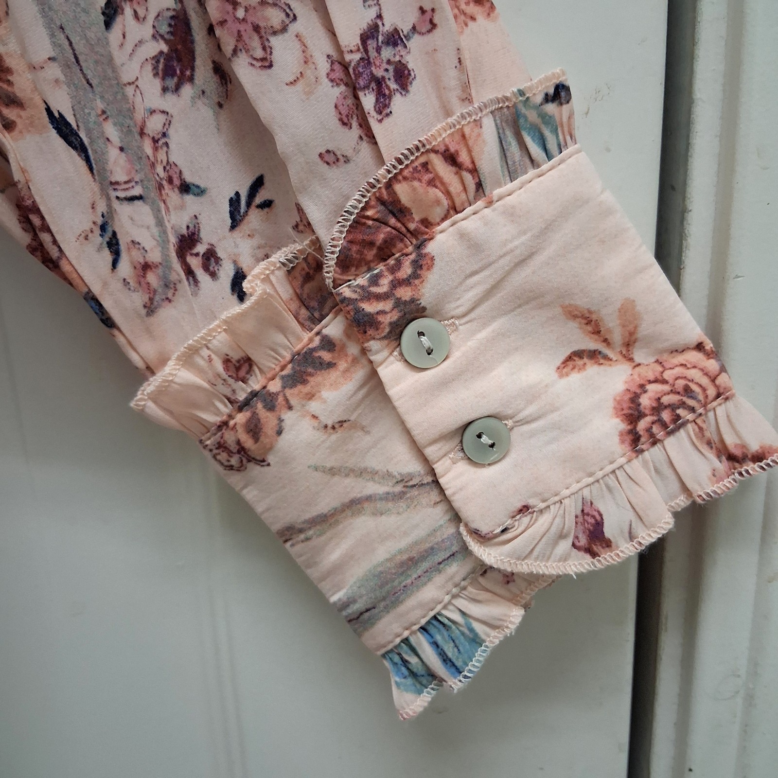 Rose + Olive Floral Bird Button Up Top Large Ruffles Cottagecore Fairy Coquette