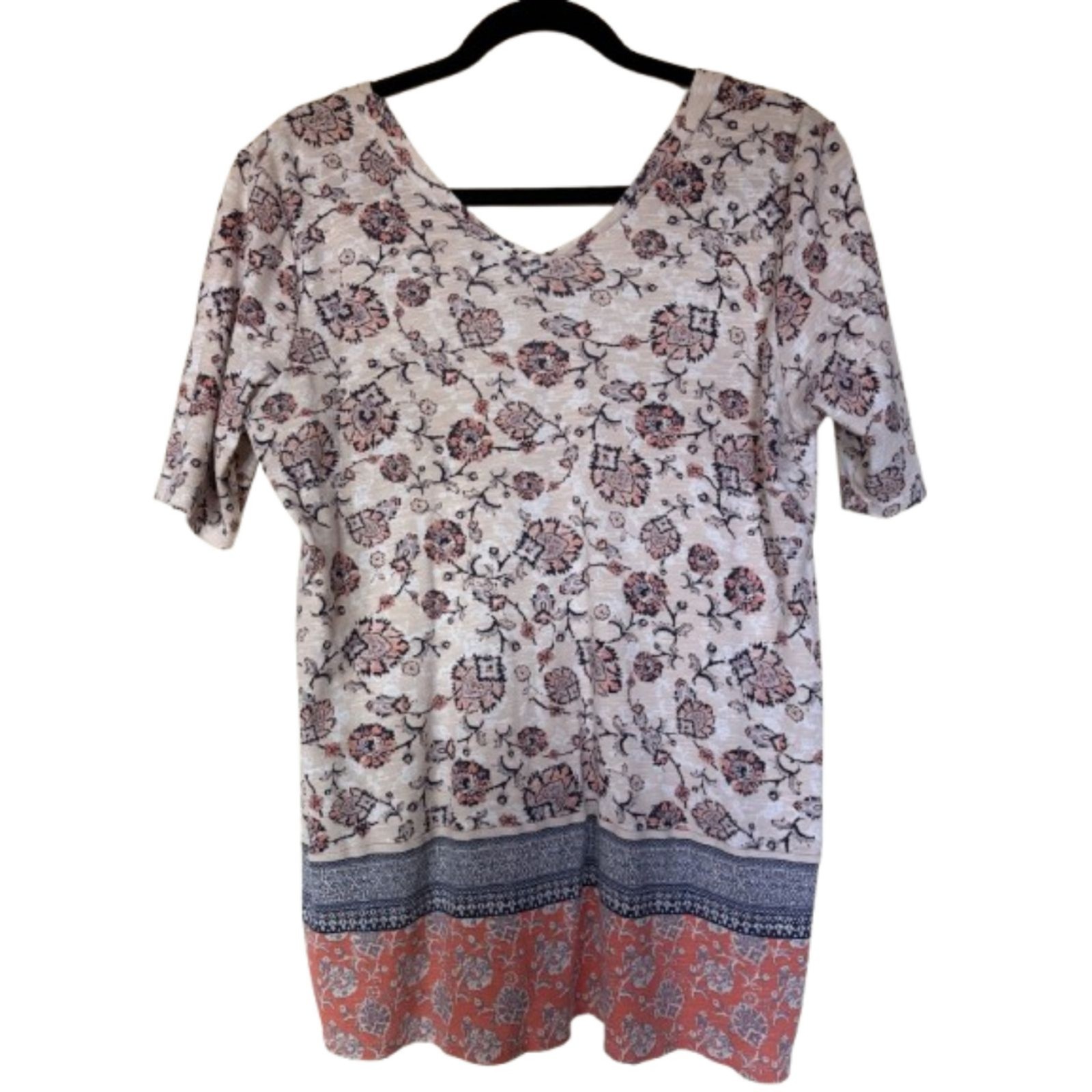 J. Jill Pima Cotton Double V Floral Border Tunic Top Size Medium Cream Peach