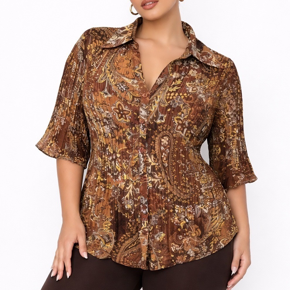 New York City Design Co Blouse 1X Brown Paisley Boho Pleated Cottagecore Y2K Top