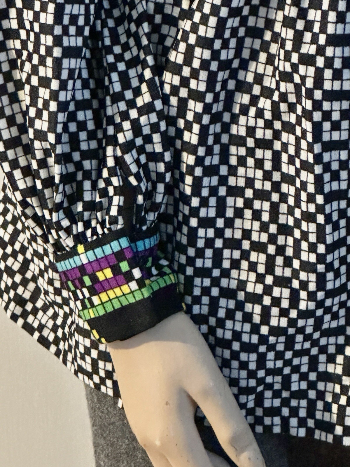 Vintage I.Magnin Graphic Blouse Empire Waist Pixelated B&W Checkerboard Morphew