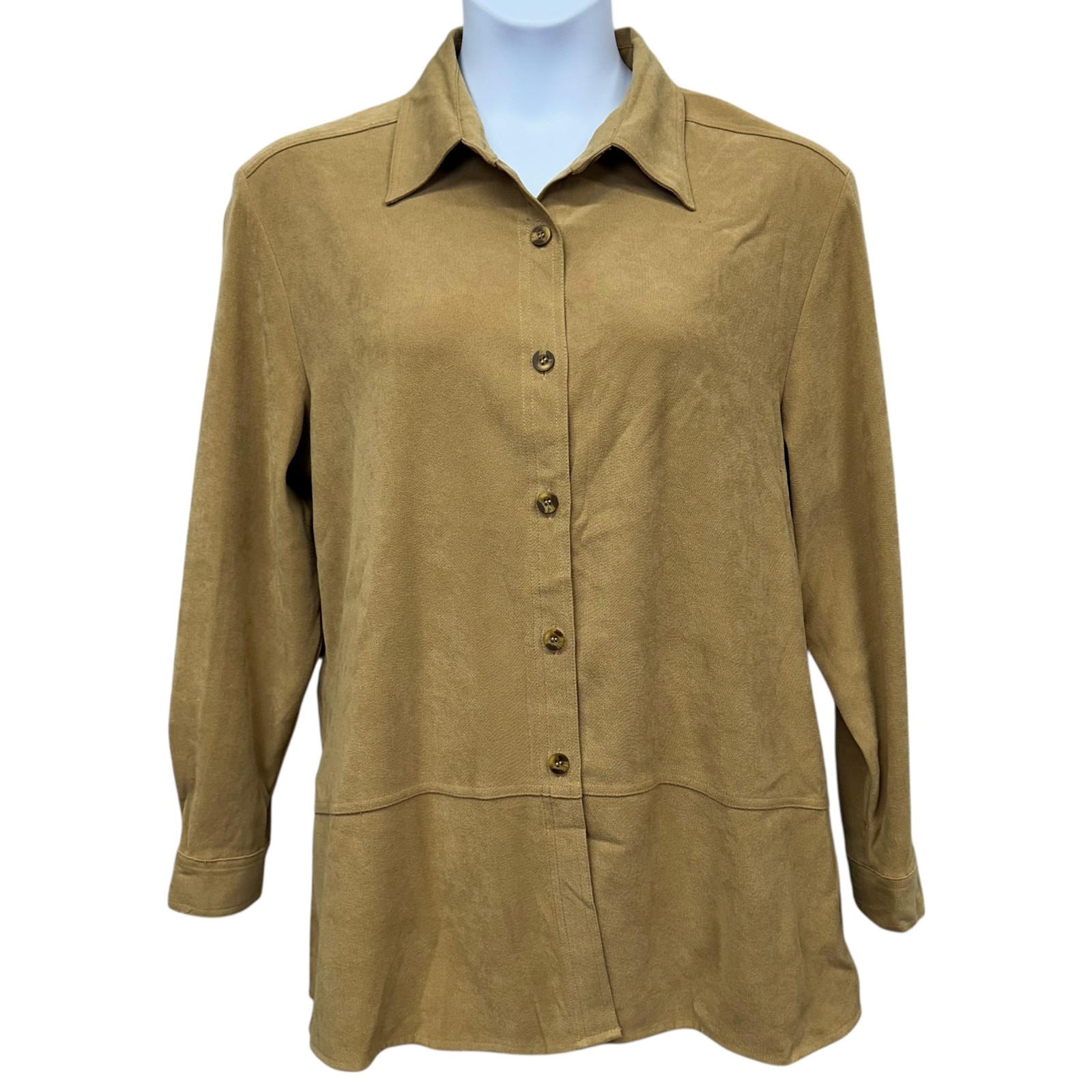 Joanna Shirt Womens Large Tan Stretch Faux Suede Microfiber Button Front Tunic
