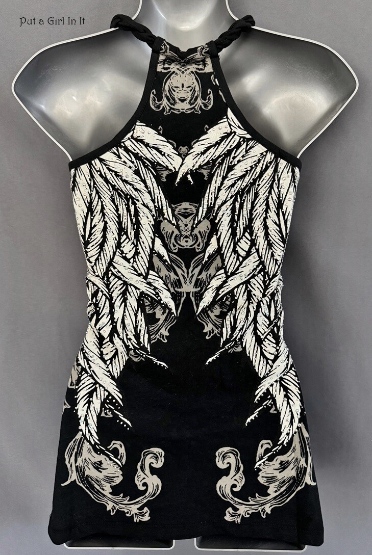 New Womens CRYSTAL BLACK BIKER BRAIDED ANGEL WINGS TANK TOP S M L XL 1X 2X 3X
