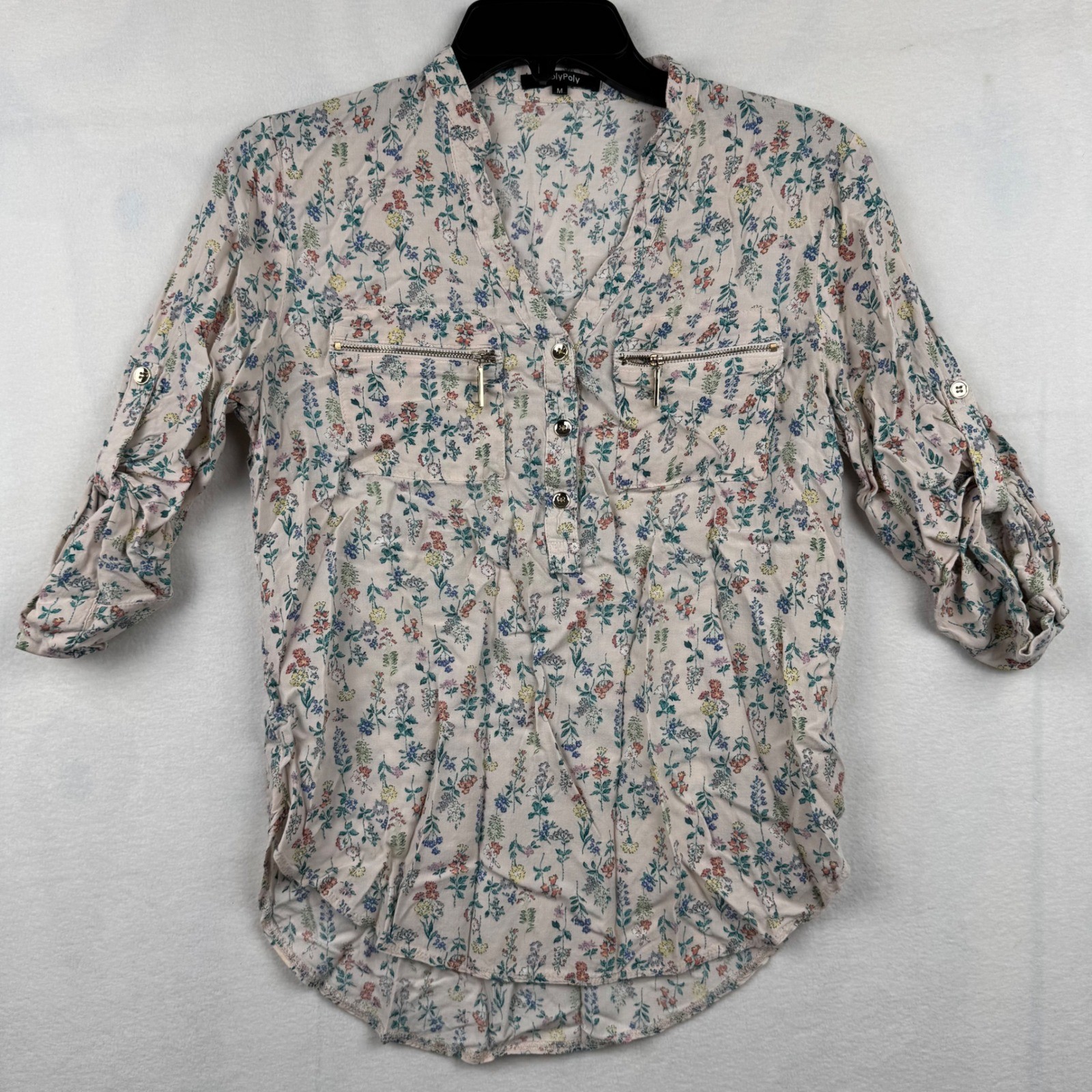 RolyPoly Floral Print Blouse Women’s Medium 3/4 Sleeve Zipper Pocket Top