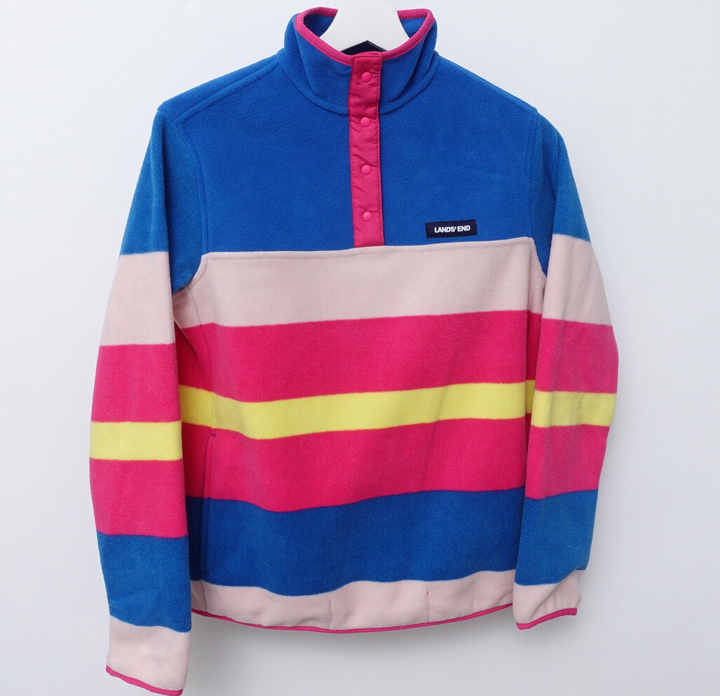 Lands End Colorblock Stripe Pink Yellow Blue Snap T Fleece Pullover Sweater XS