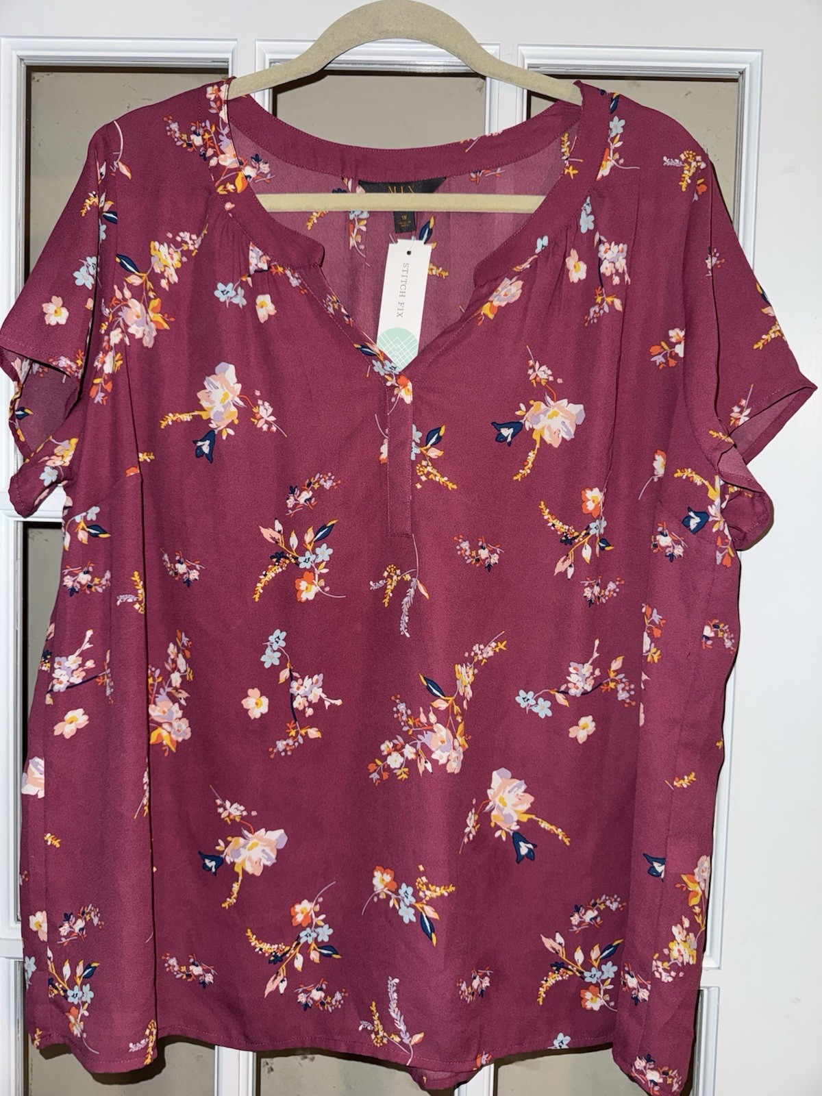 Mix by 41 Hawthorn 1X Floral Blouse Burgundy Pink Short Sleeve V-Neck Plus Size