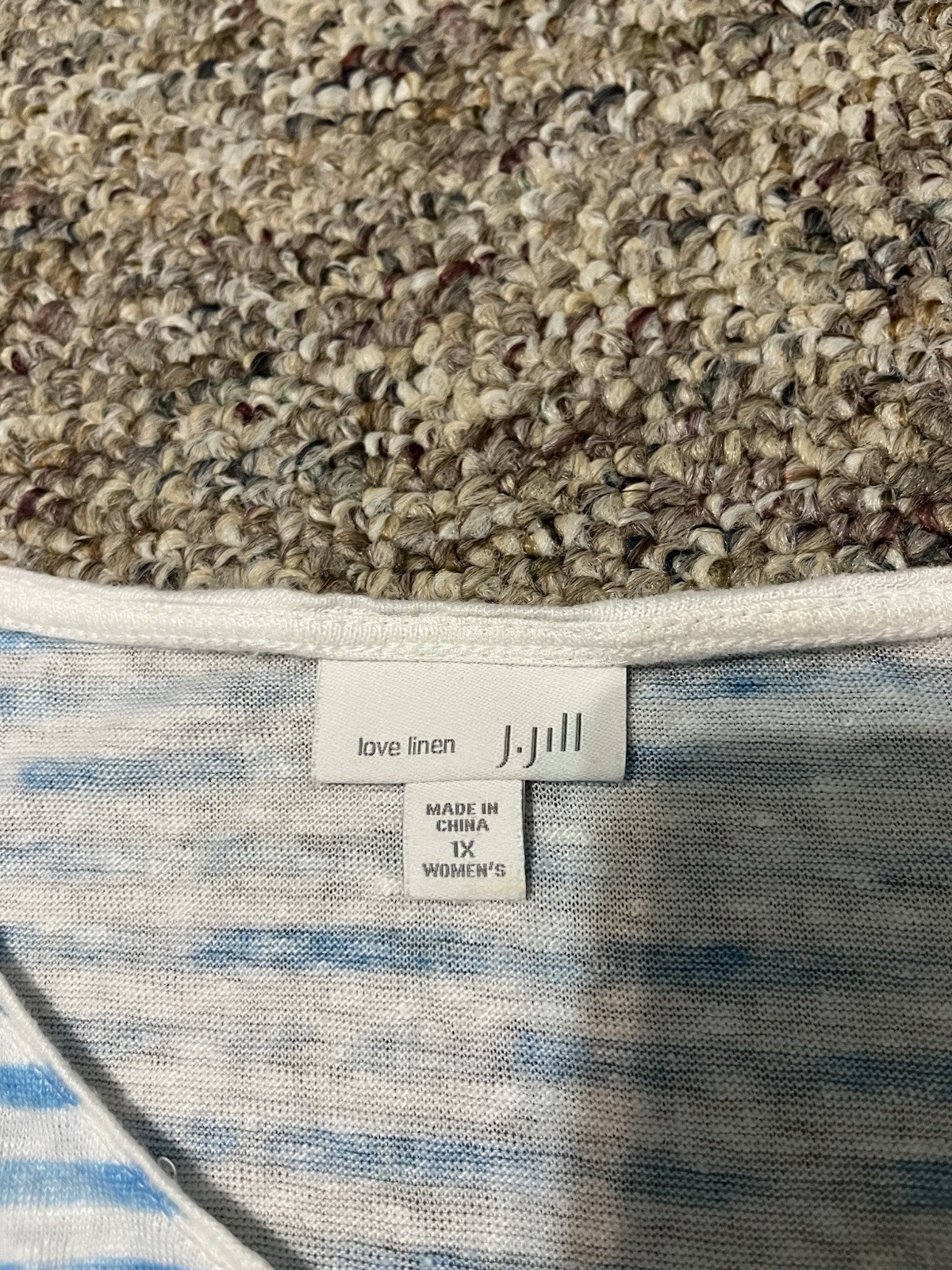 J Jill 100% Linen Top 1X Blue White Striped V Neck Short Sleeve Border