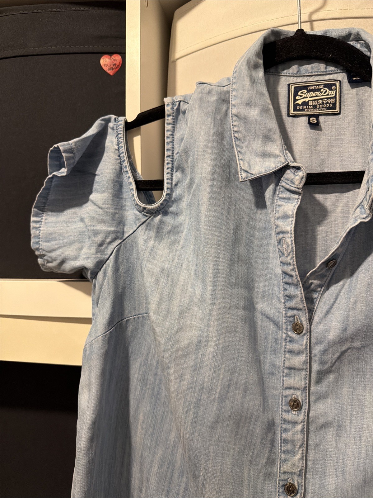 Superdry Women’s Light Blue Wash Denim Cold Shoulder Shirt Button Up Top Size S
