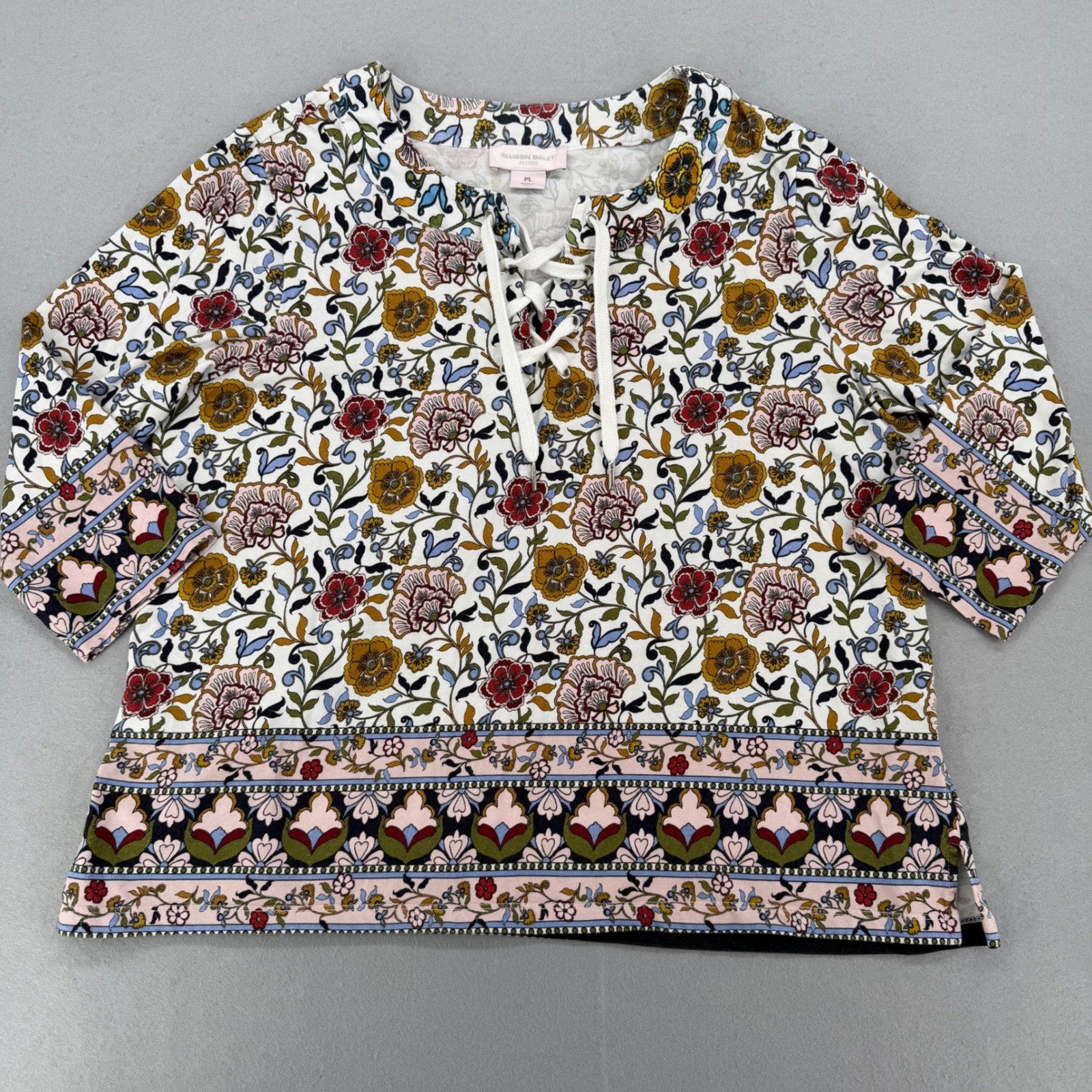 Allison Daley Petites Floral Lace Up Neck Top White Multi Color PL 3/4 Sleeve