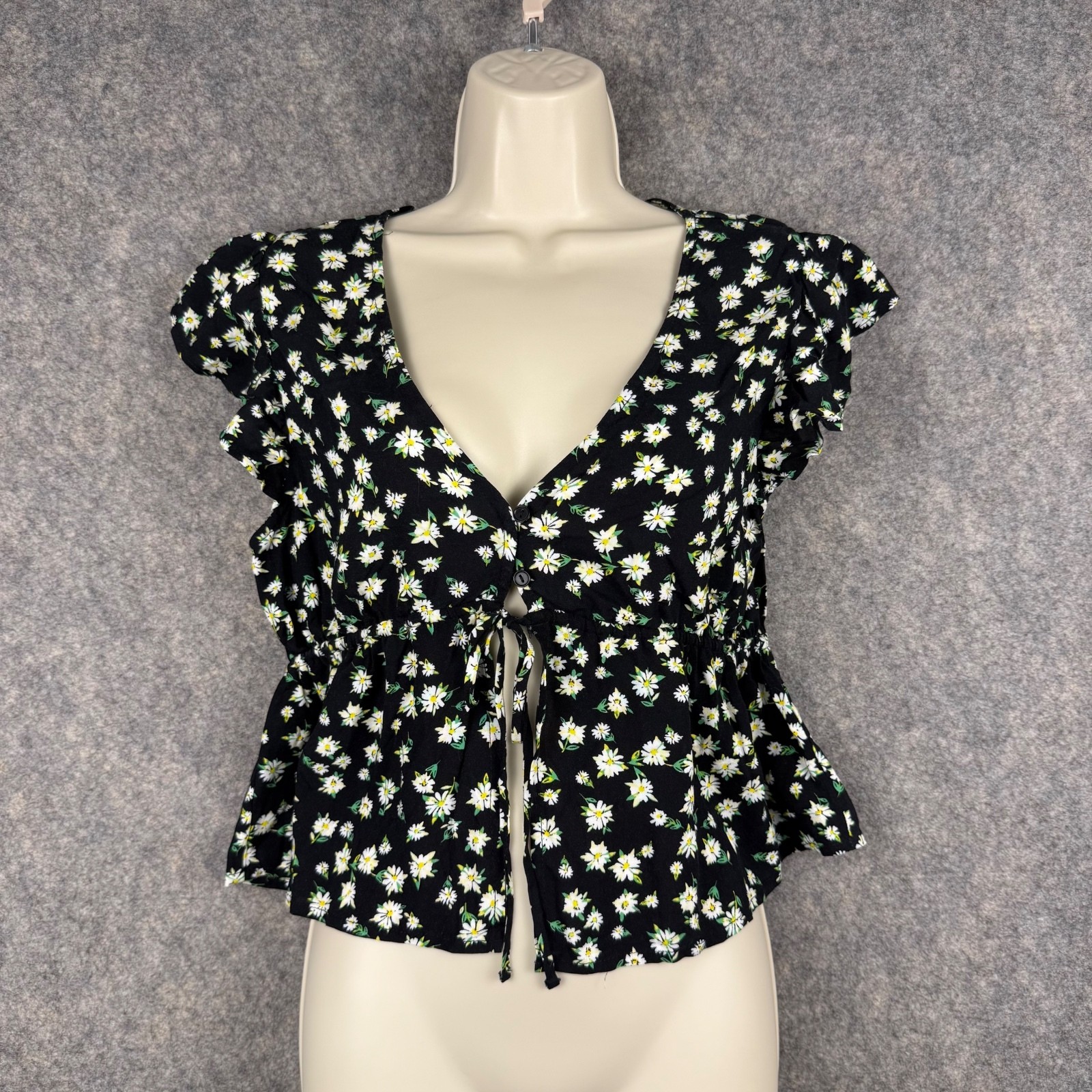 Front Tie Peplum Blouse Flutter Sleeve Black White Yellow Daisy Women Medium 035