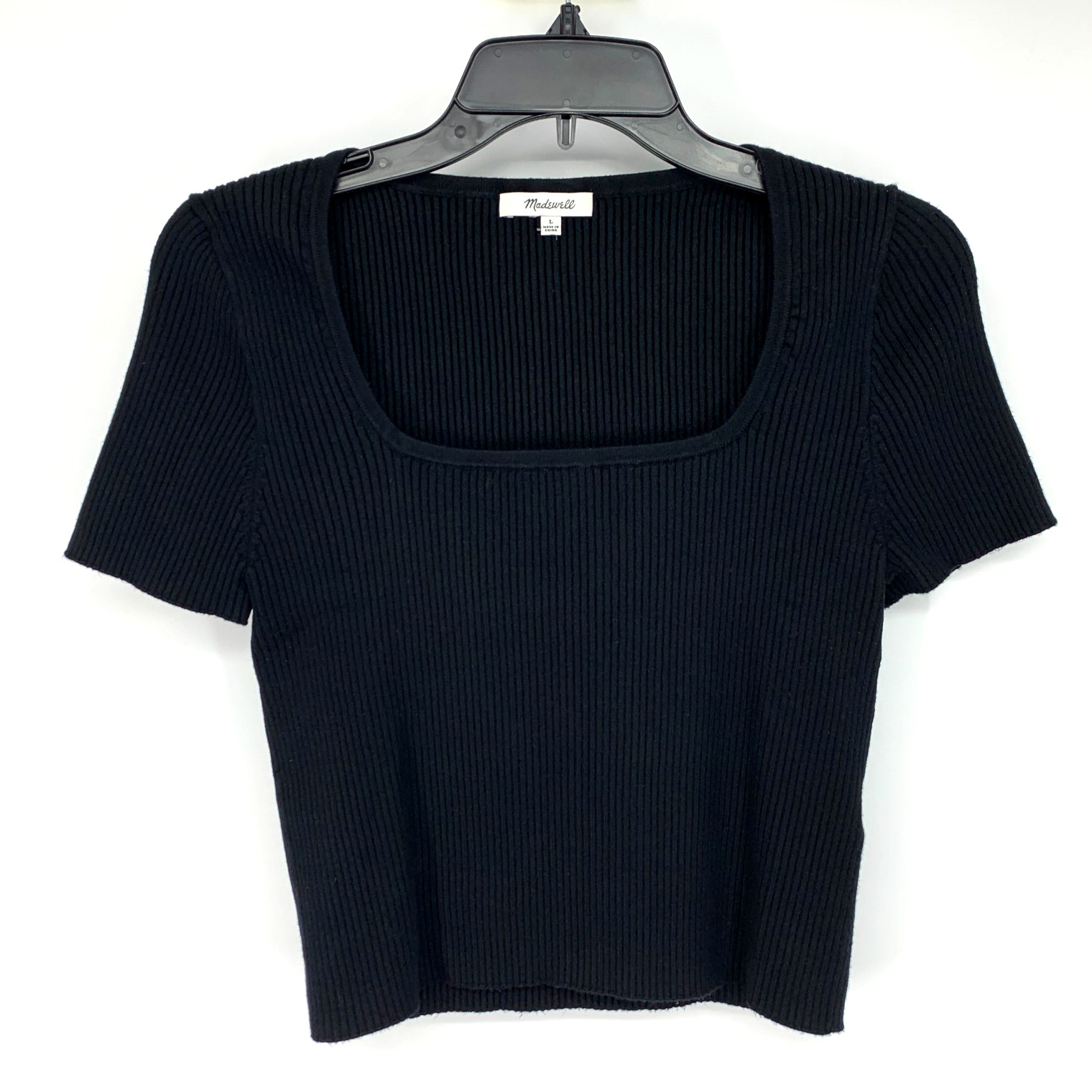 Madewell Top Womens Large Black Cropped Ribbed Knit Square Neck Short Sleeve