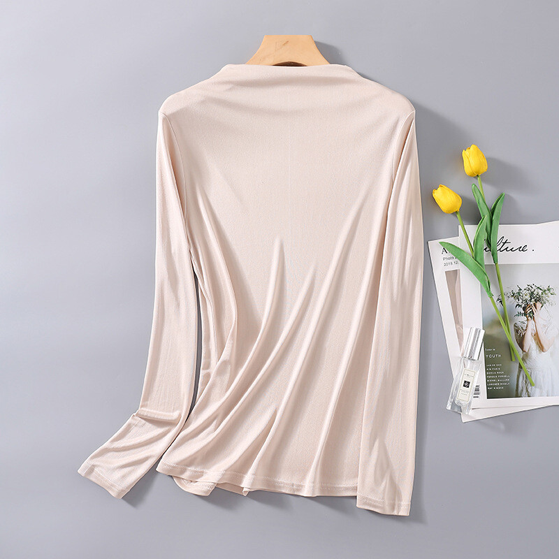Women’s 100% Mulberry Silk Knitted Mid Neck T Shirt Undershirt Long Sleeve Top