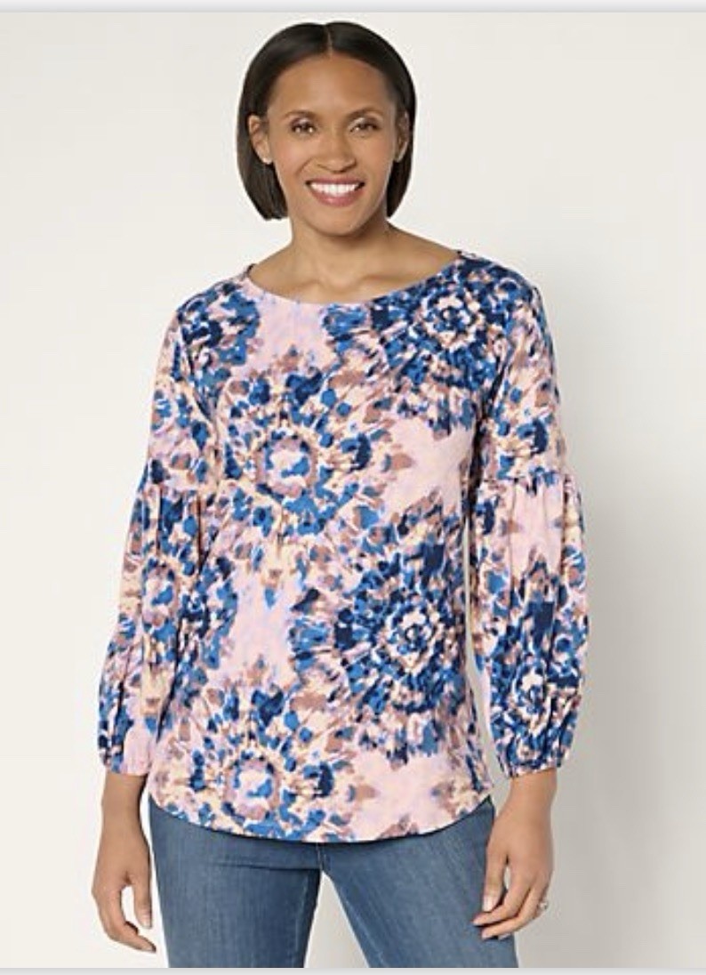 Belle Boho By Kim Gravel – Slub Knit Blouson Sleeve Top – XL – Indigo Multi