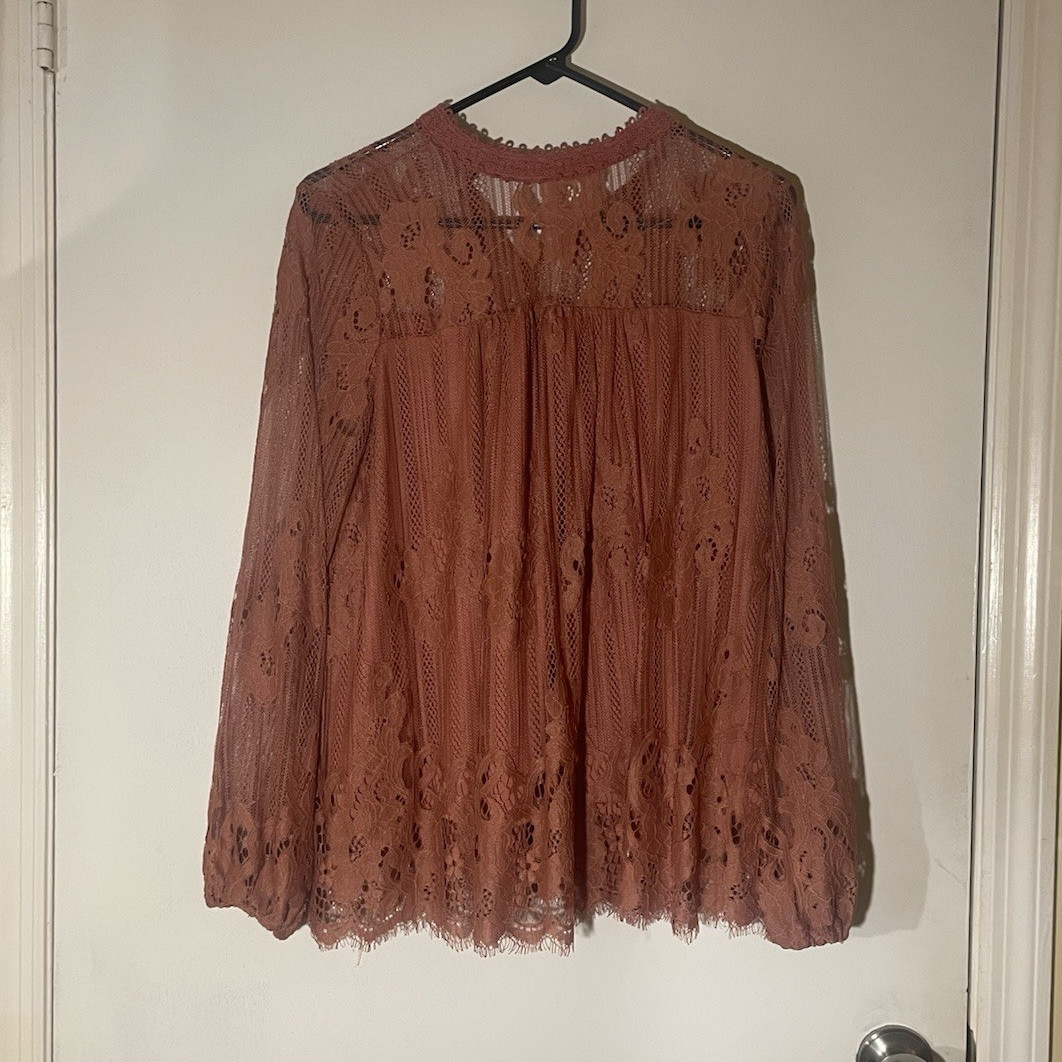 #10 Taylor & Sage Pink Floral Lace Sheer Long Sleeve Keyhole Neck Blouse L