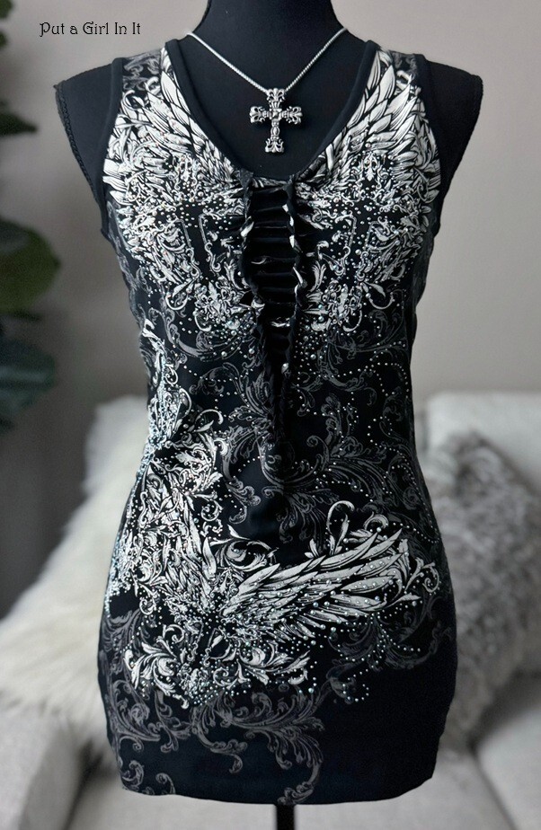 New Womens CRYSTAL BLACK WINGS LASER CUT DEEP V BIKER TANK TOP S M L XL 1X 2X 3X