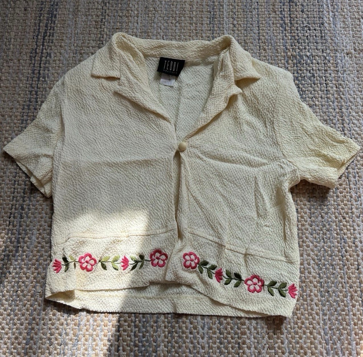 Teddi Dresses Women’s Blouse S Regular Yellow Knit Short Sleeve Collared Button