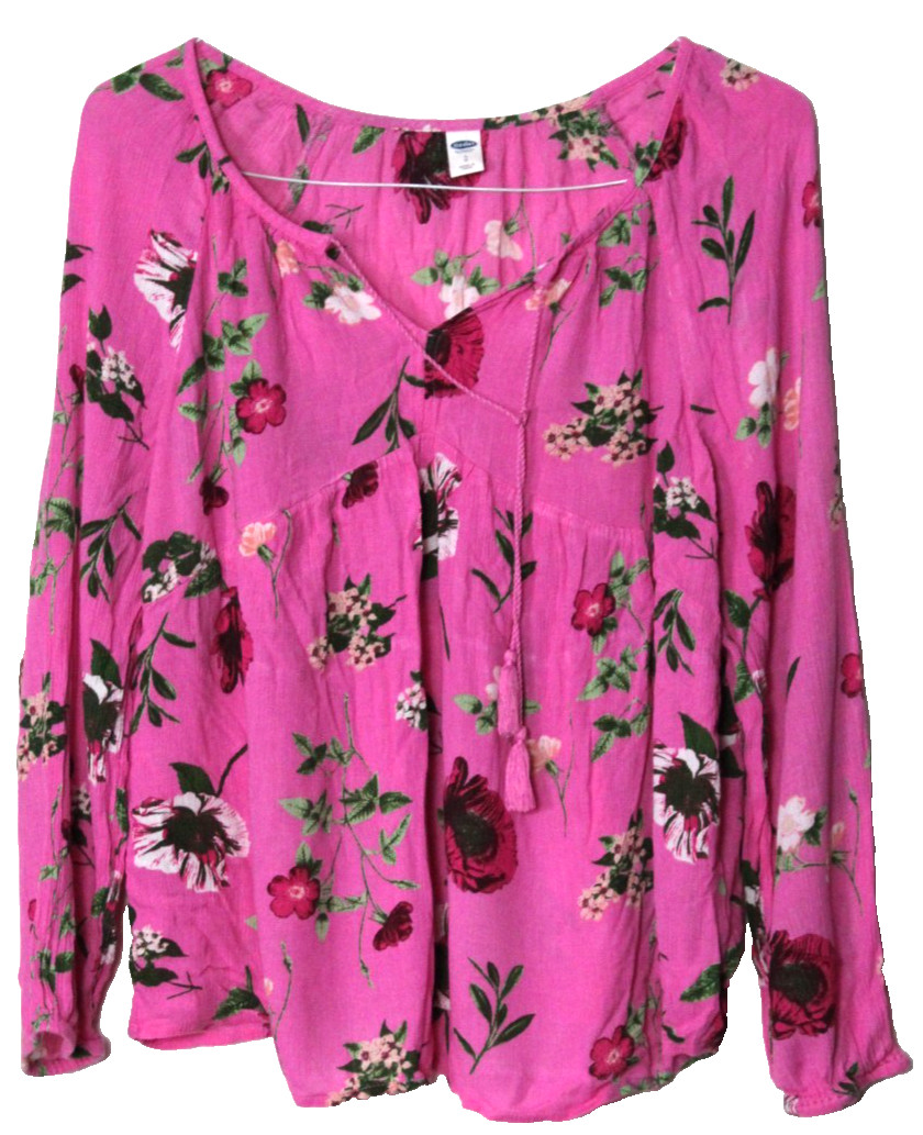 OLD NAVY TUNIC BLOUSE ladies size L bright pink green floral long sleeve crinkle