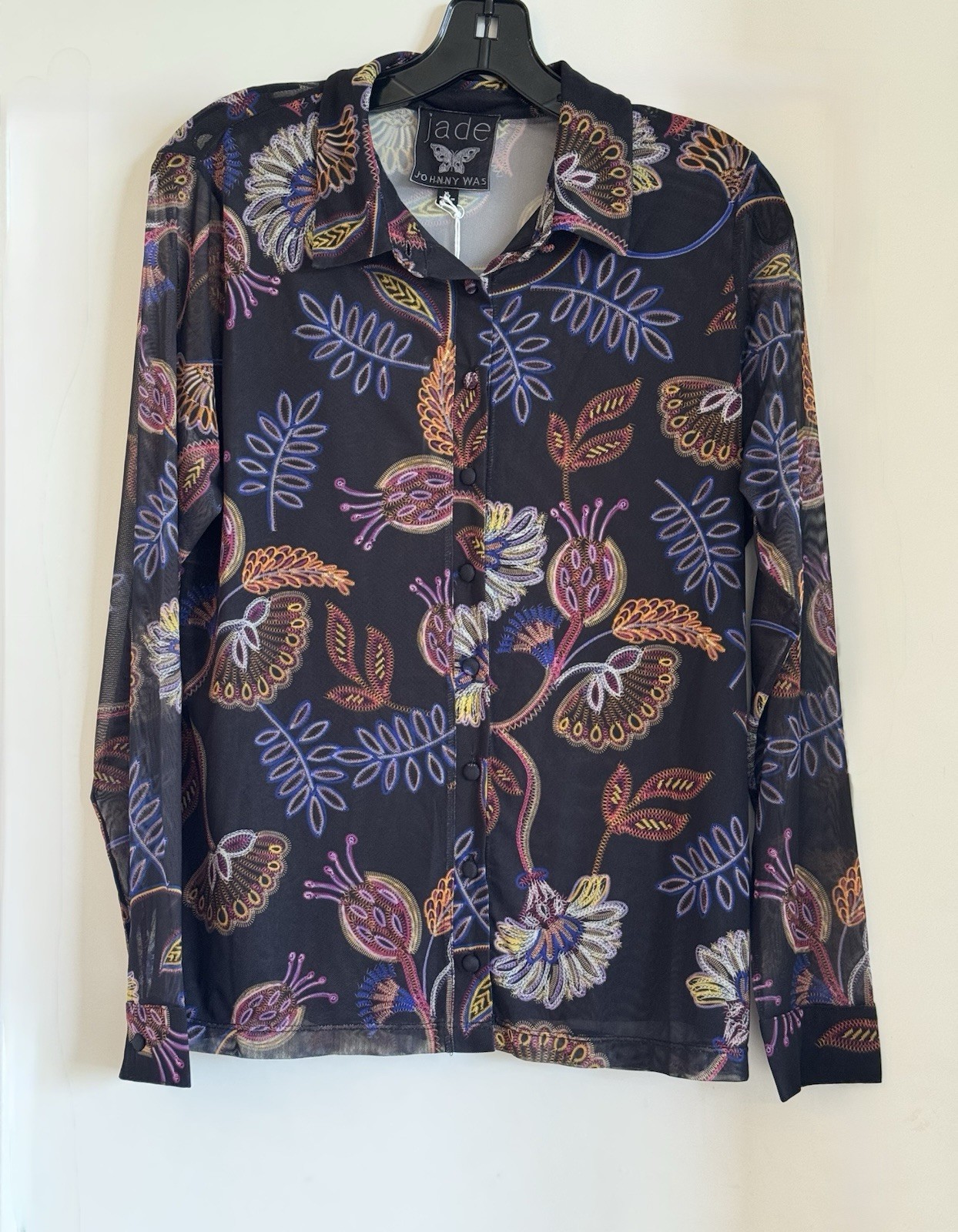 New🌺$168Johnny Was Jade Black Floral Mesh Sheer Button-Up Long Sleeve Blouse XL