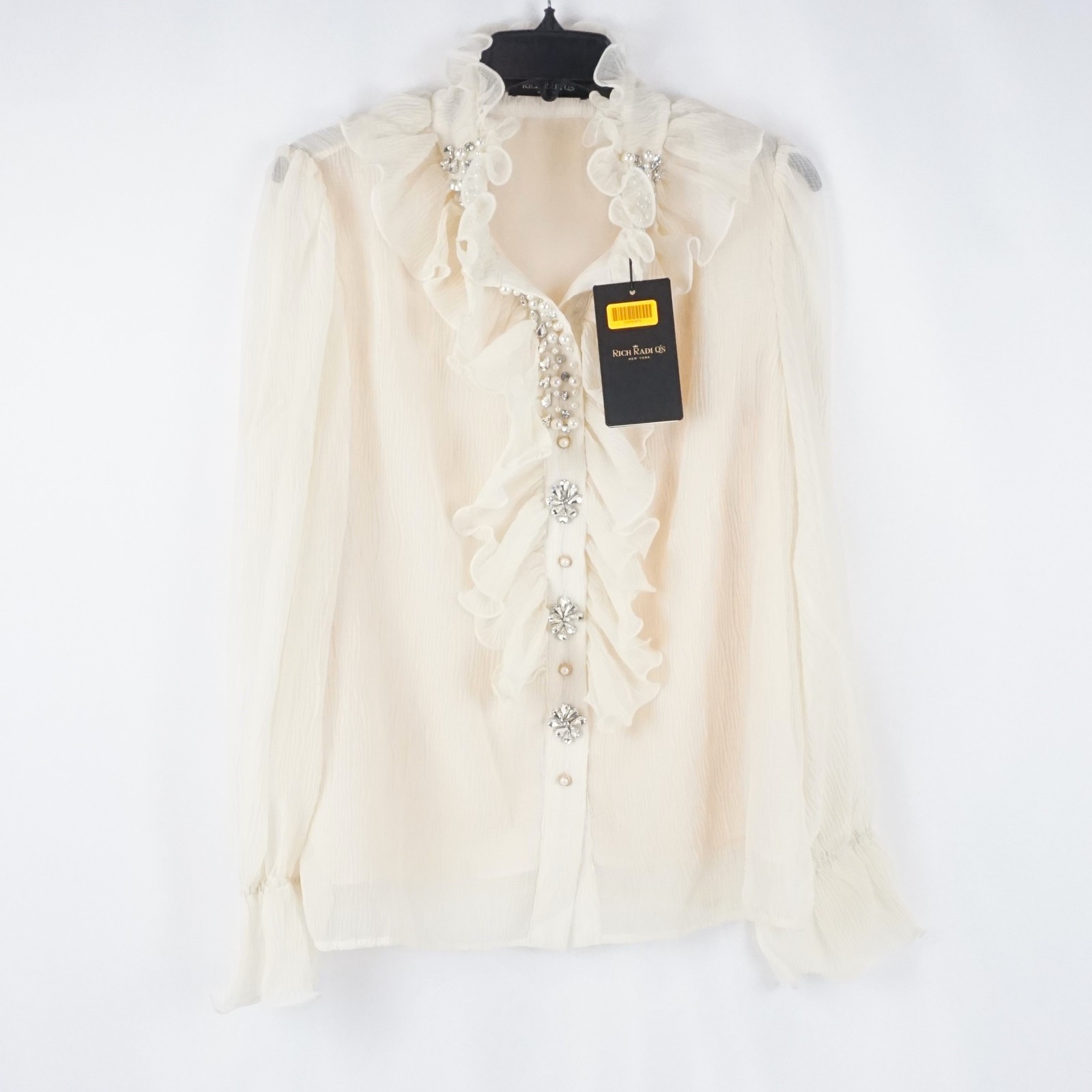 Rich Radi Q’s Stand Collar Ruffle & Beaded Shirt In Creamy White Women’s Size XL