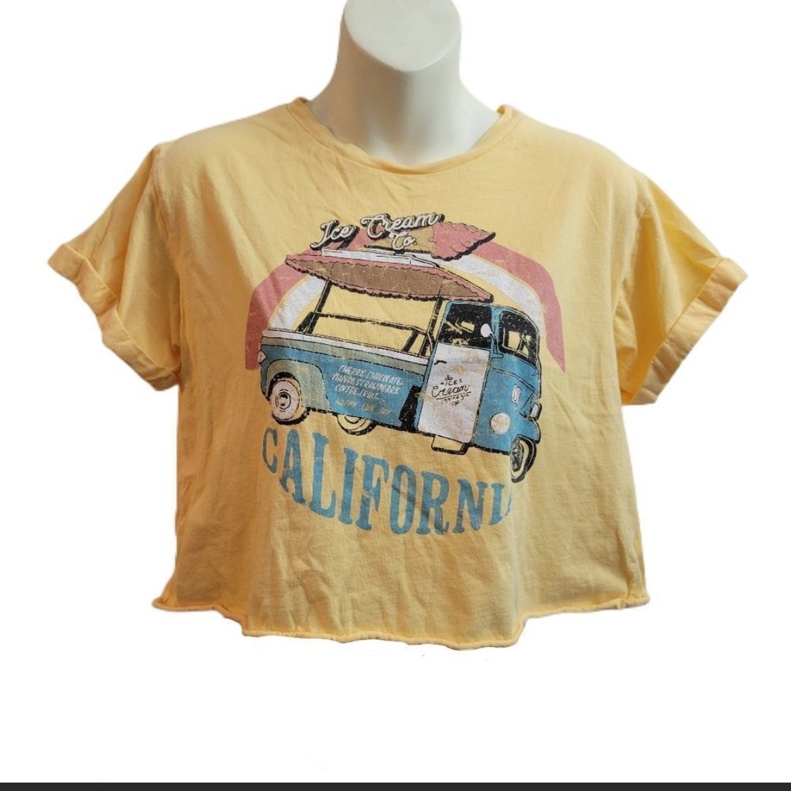 French Pastry Cropped T- Shirt Size M Medium Women’s Ladies Yellow Roll sleeves
