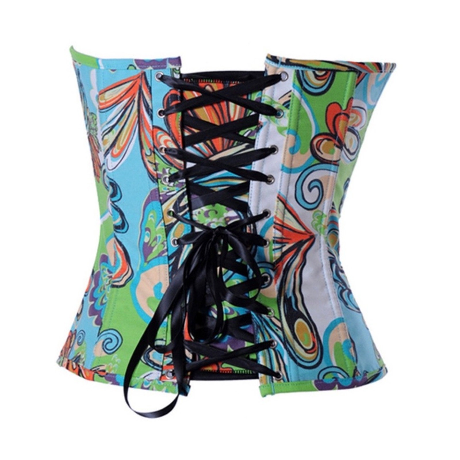 Alivila Retro Inspired Multicolor Printed Denim Lace Up Back Corset Bustier XL